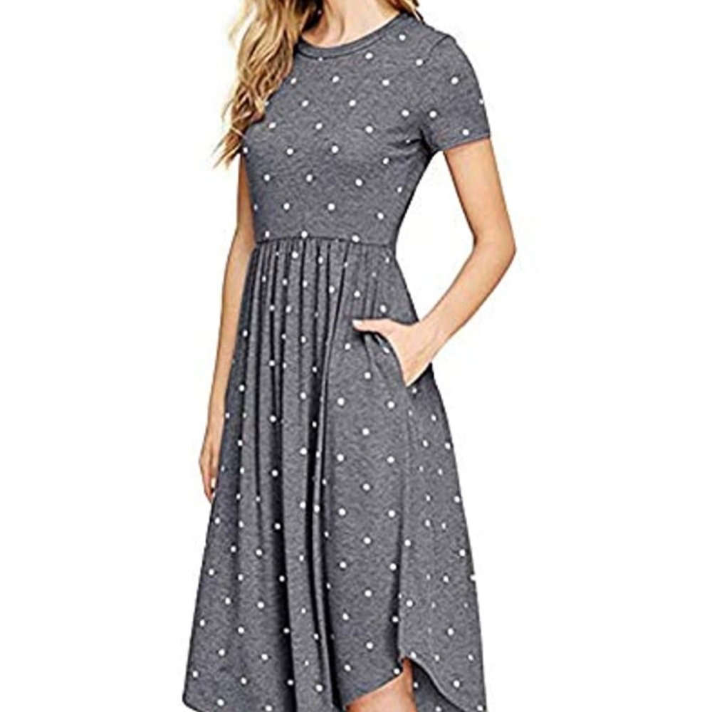 Grey Polka Dotted Short Sleeve Dress with Pockets!